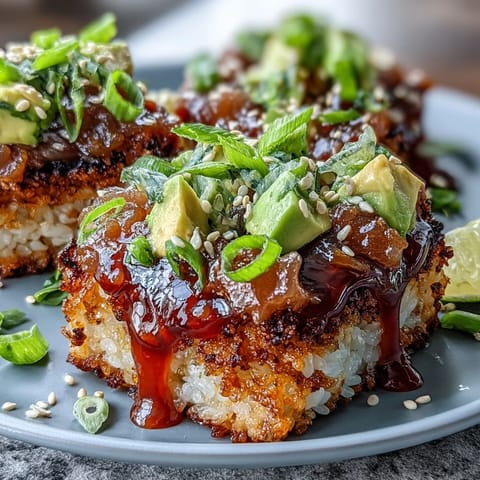 Crispy rice salad with avocado and spicy tuna, featuring golden fried rice, creamy avocado, and zesty tuna topping.  