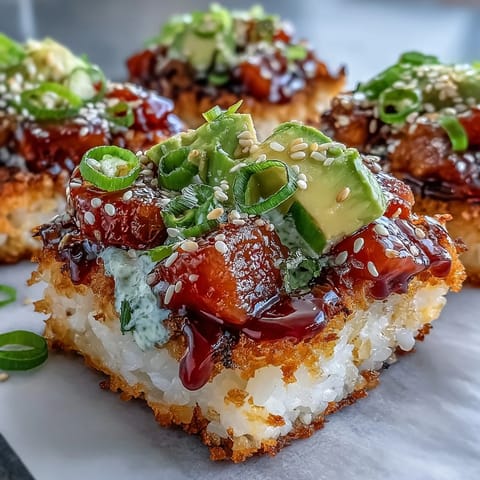 A vibrant sushi-inspired salad with crunchy rice squares, fresh avocado, and bold spicy tuna, drizzled with tangy sesame dressing.  