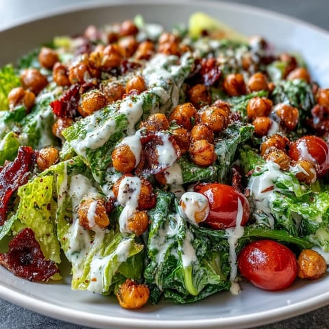 Vegan Caesar salad with crispy chickpeas, fresh romaine, and creamy dressing.