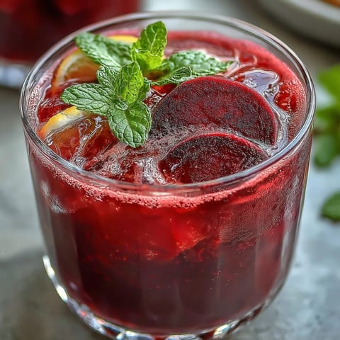 Enjoy this easy, beautiful beet-tinted pink lemonade garnished with fresh mint.