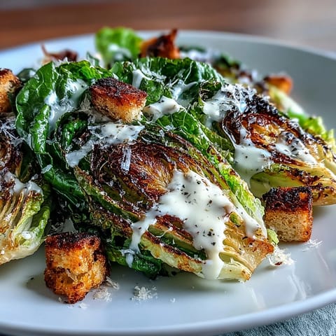 Grilled Caesar Salad with Charred Romaine, smoky flavor, creamy dressing, and crispy croutons.