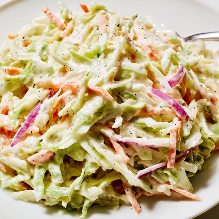Homemade Coleslaw tossed with grated carrots and red onion, ready to enjoy as a refreshing vegetarian picnic side.