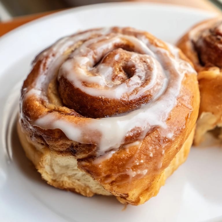Homemade Cinnamon Rolls on a white plate, drizzled with creamy vanilla icing, ready to serve for brunch.
