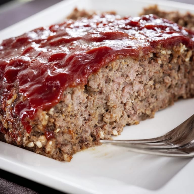 Homestyle Meatloaf with seasoned ground beef and onion, finished with a sweet and tangy glaze, paired with roasted vegetables.