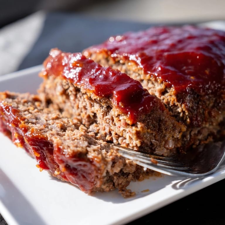 Freshly baked ground beef Meatloaf with a caramelized glaze resting on a wooden cutting board, ready to be sliced for dinner.