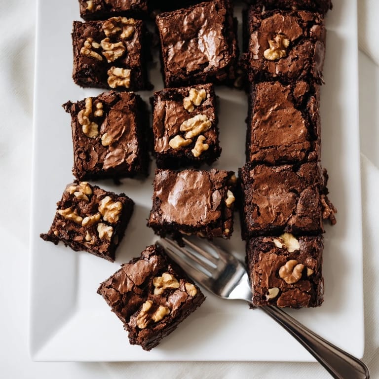 Freshly baked brownies with chopped pecans are cut into squares and stacked on a cooling rack.