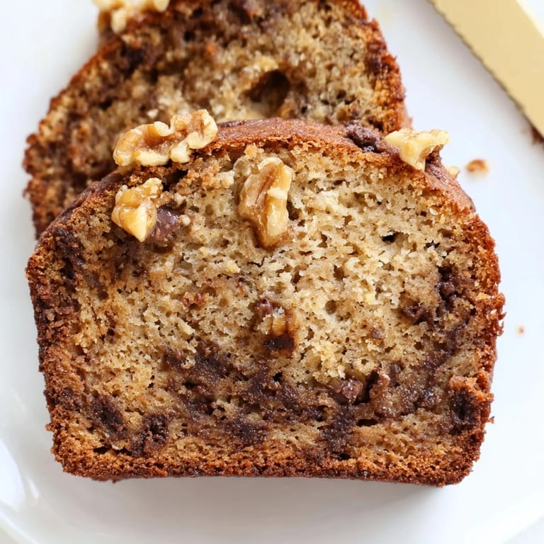 Warm banana bread slices stacked on a white plate, melted butter melting over the top near a steaming mug.