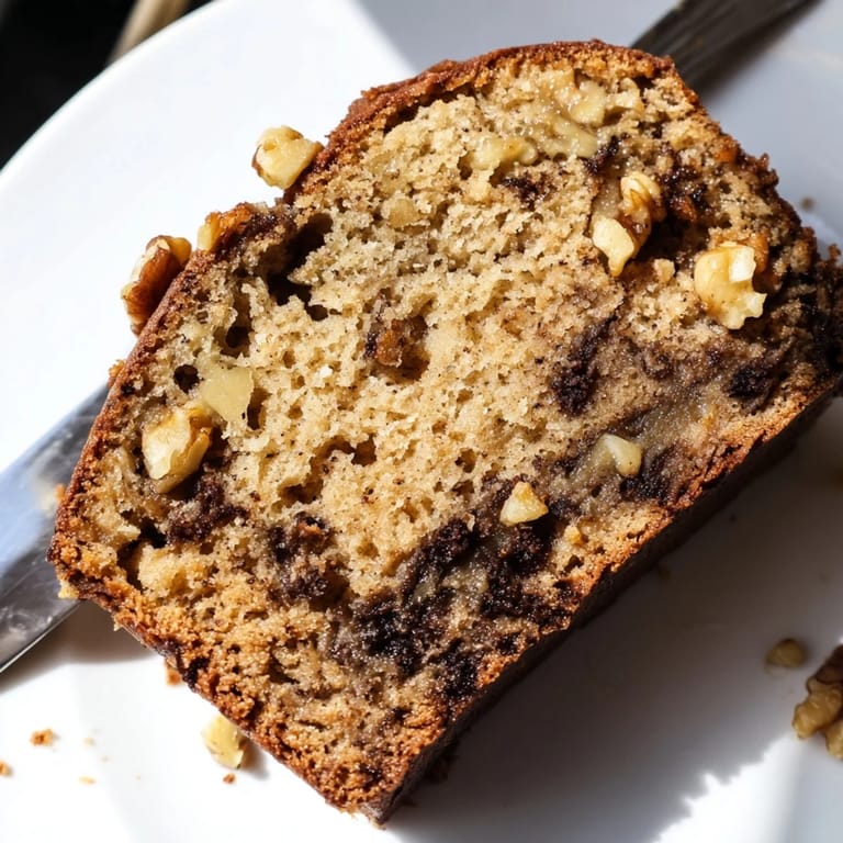 Perfectly moist homemade banana bread with chocolate chips and pecans, cut into thick slices ready to serve for breakfast.