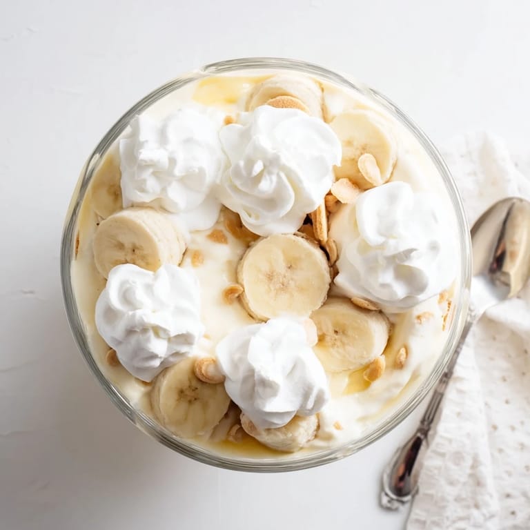 A classic Southern banana pudding with soft bananas, vanilla pudding, and wafer layers, garnished with a fresh banana slice.