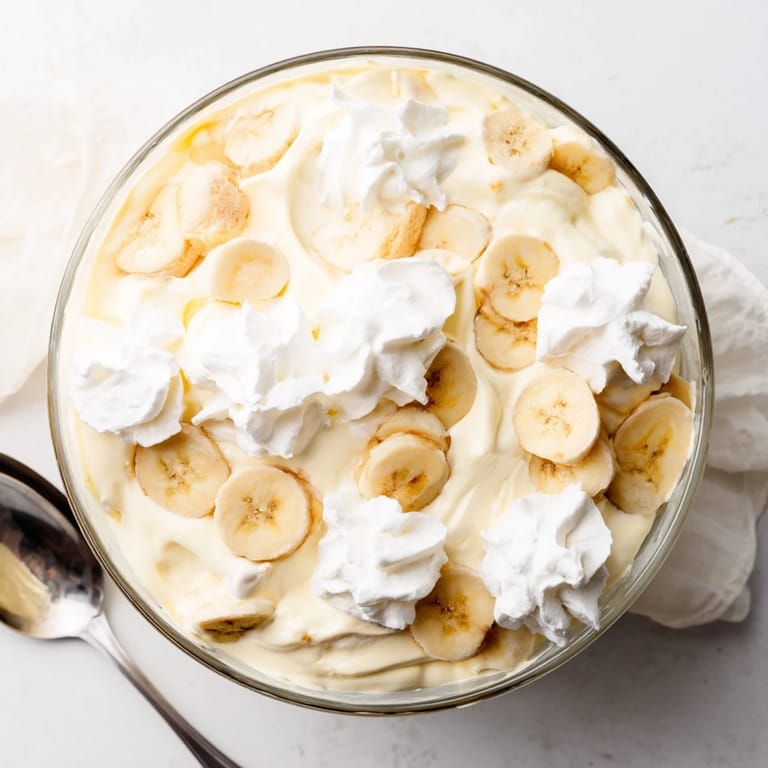 Homemade banana pudding dessert with vanilla wafers and creamy pudding layers, served chilled with a dollop of fresh whipped cream.