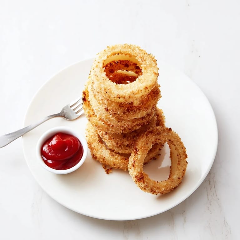 Freshly fried onion rings piled high on a plate, ready to be dipped in sauce.