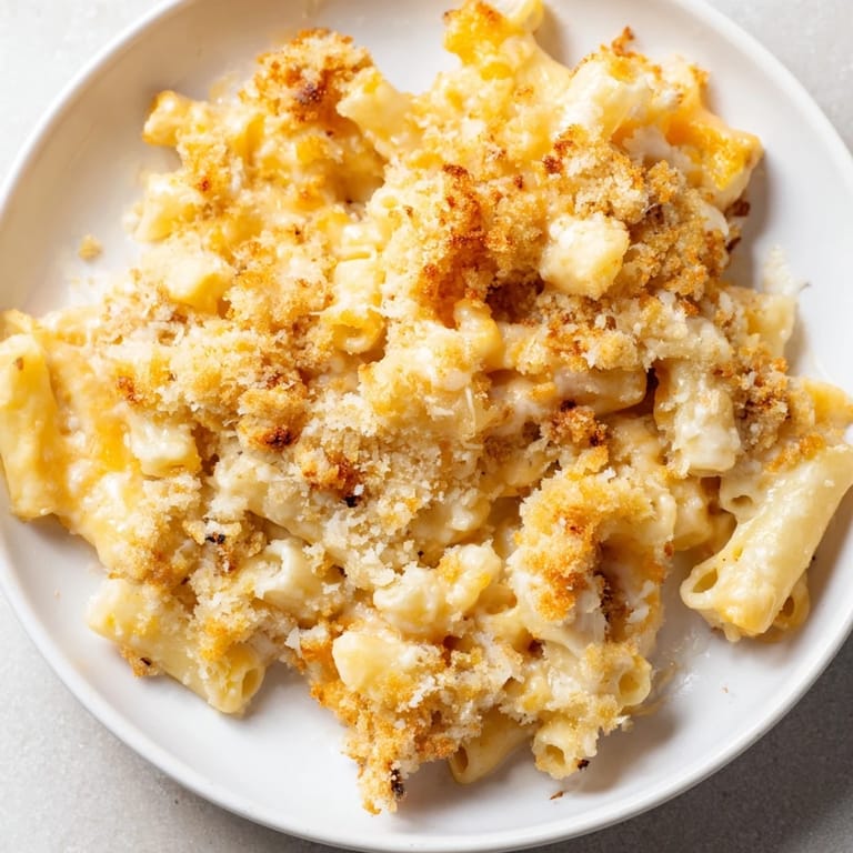 Creamy stovetop macaroni and cheese with cheddar sauce and fresh parsley garnish in a white bowl.