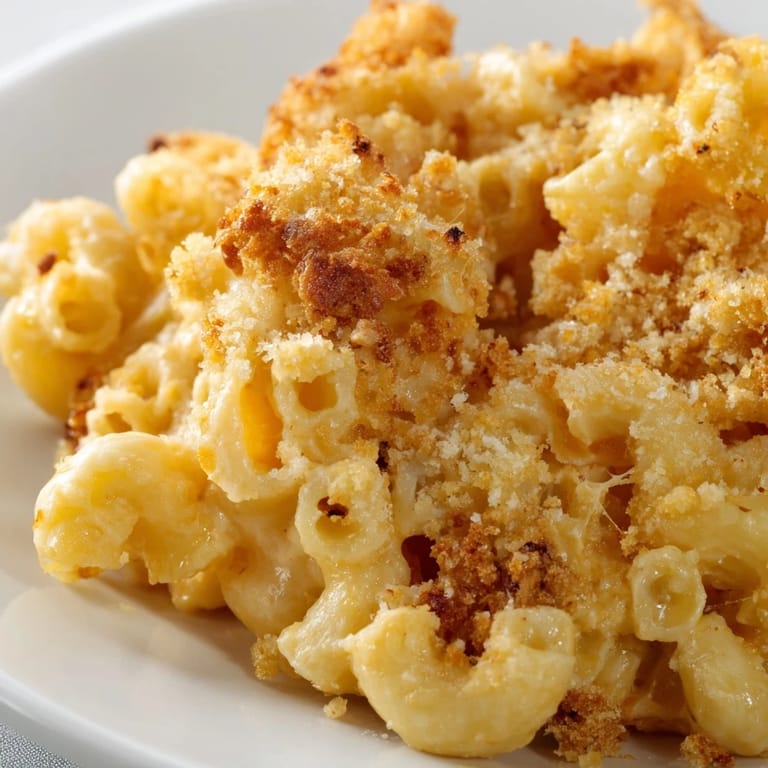 Steamy macaroni and cheese with a rich, golden breadcrumb topping, served hot for a cozy family dinner.