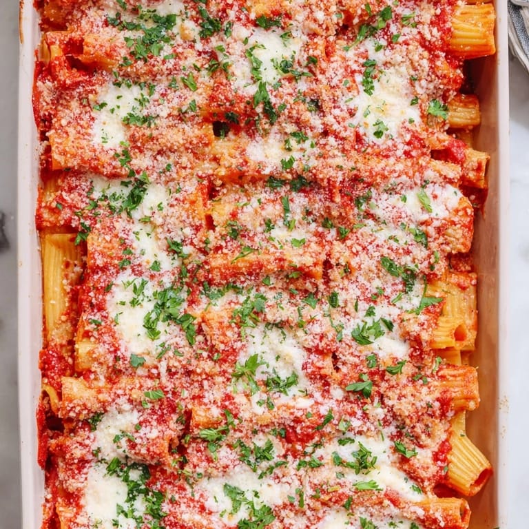 Fresh parsley garnish and bubbling cheese top this comforting Italian-American vegetarian pasta bake.