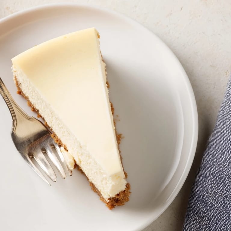 A chilled slice of New York cheesecake topped with fresh strawberries and a drizzle of strawberry sauce.