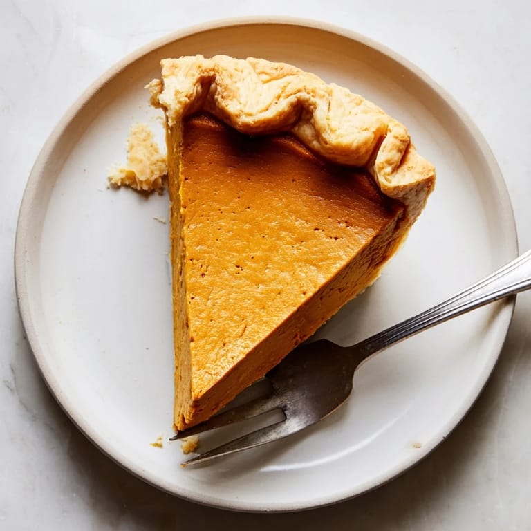 A slice of Pumpkin Pie on a white plate, topped with a dollop of whipped cream next to a warm mug of coffee.