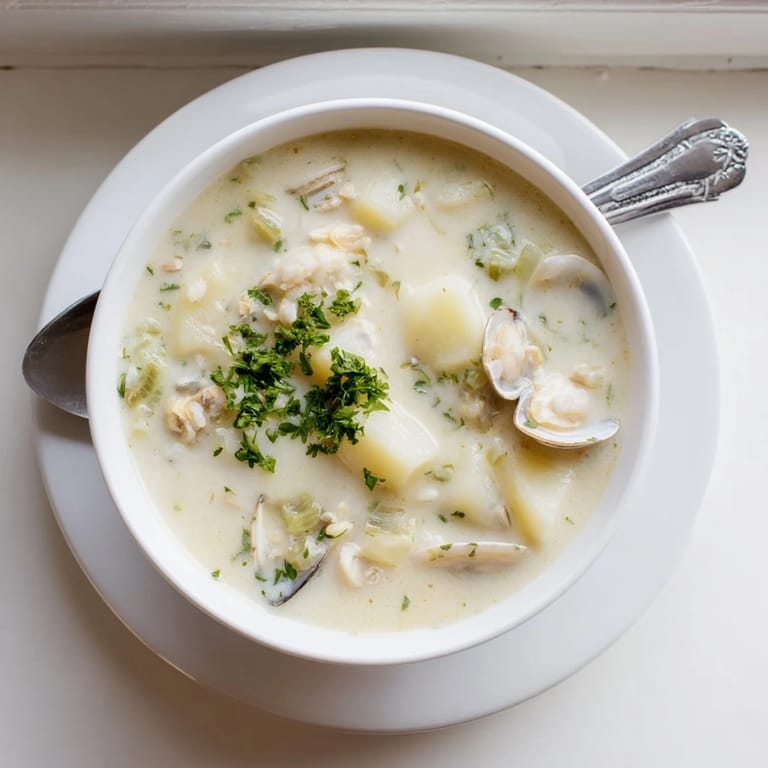 A hearty bowl of New England Clam Chowder with diced potatoes and tender clams in rich broth.