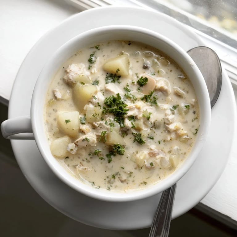 Homemade New England Clam Chowder served with crusty bread, perfect for a chilly day meal.
