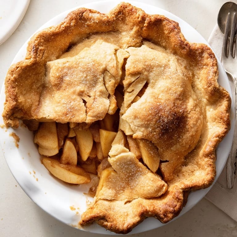 A rustic, lattice-topped Apple Pie rests beside vanilla ice cream on a cozy kitchen table.
