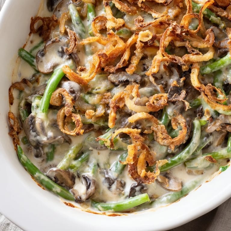 A comforting spoonful of homemade Green Bean Casserole, perfect alongside roasted turkey or ham.