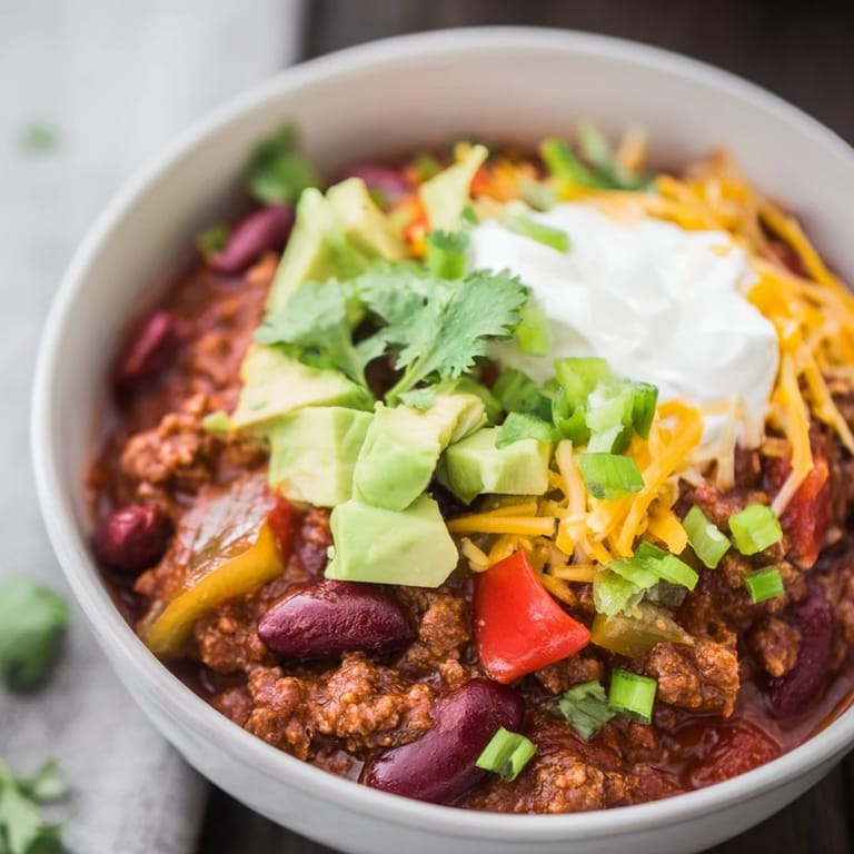 Close-up of hearty Chili con Carne with kidney beans and peppers in a rustic pot.