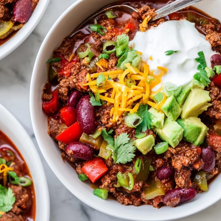 Rich Tex-Mex Chili con Carne served hot, perfect for cozy gatherings and game day.