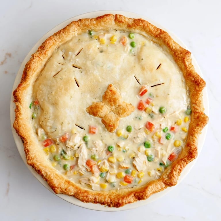 Slices reveal creamy chicken, carrots, and peas inside this classic American comfort food dinner.