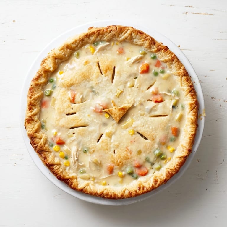 A rustic Chicken Pot Pie served warm alongside a green salad on a wooden table.