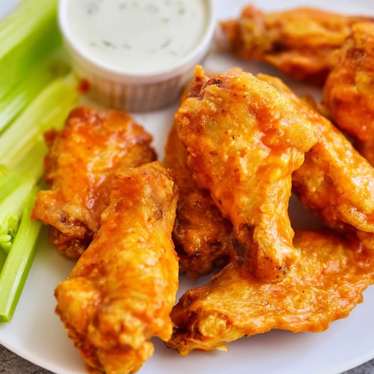 Freshly tossed Buffalo Wings glistening with spicy sauce, ready to serve with crisp celery sticks for game day.