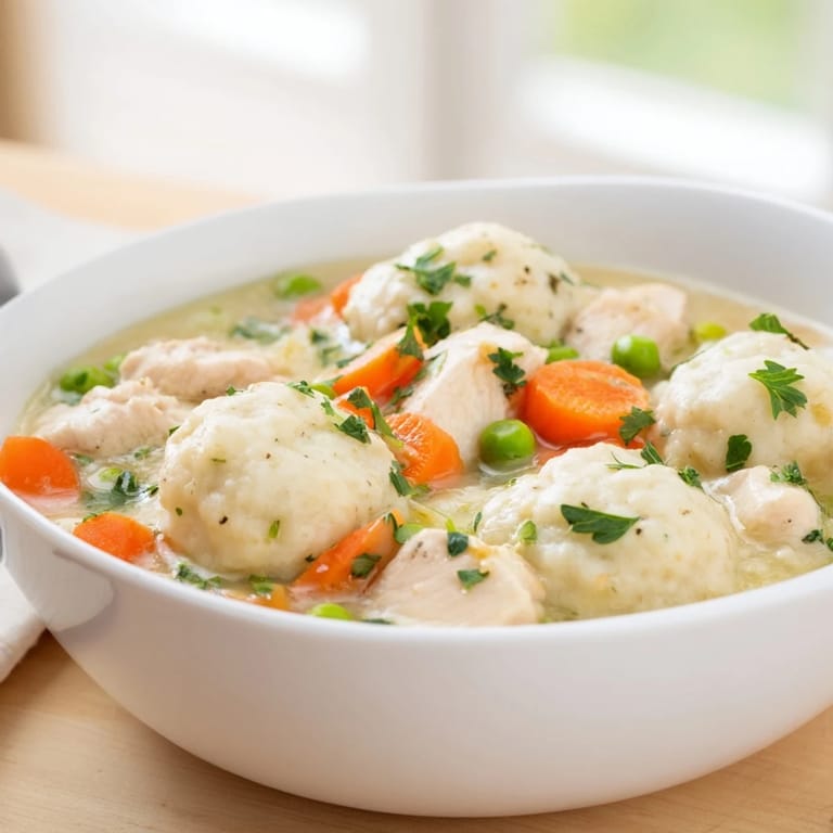A steaming Dutch oven pot reveals a hearty batch of Chicken and Dumplings, topped with fresh parsley, ready for a family dinner.