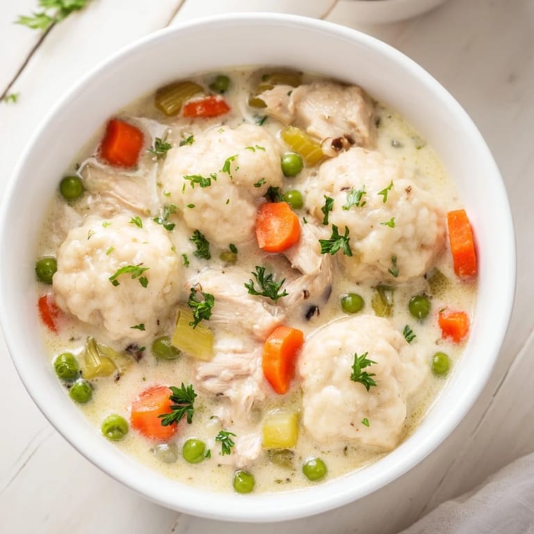 Spoonfuls of soft dumpling dough simmer in a rich Chicken and Dumplings stew, featuring tender chicken and sliced carrots in a creamy broth.