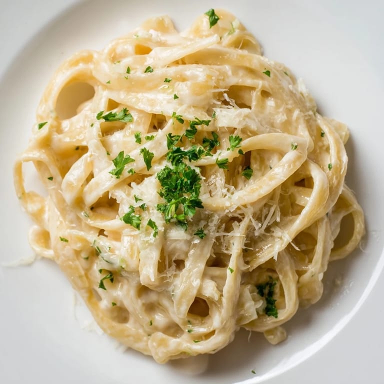 Al dente fettuccine tossed in a velvety roasted garlic cream sauce, served warm in a shallow bowl.  