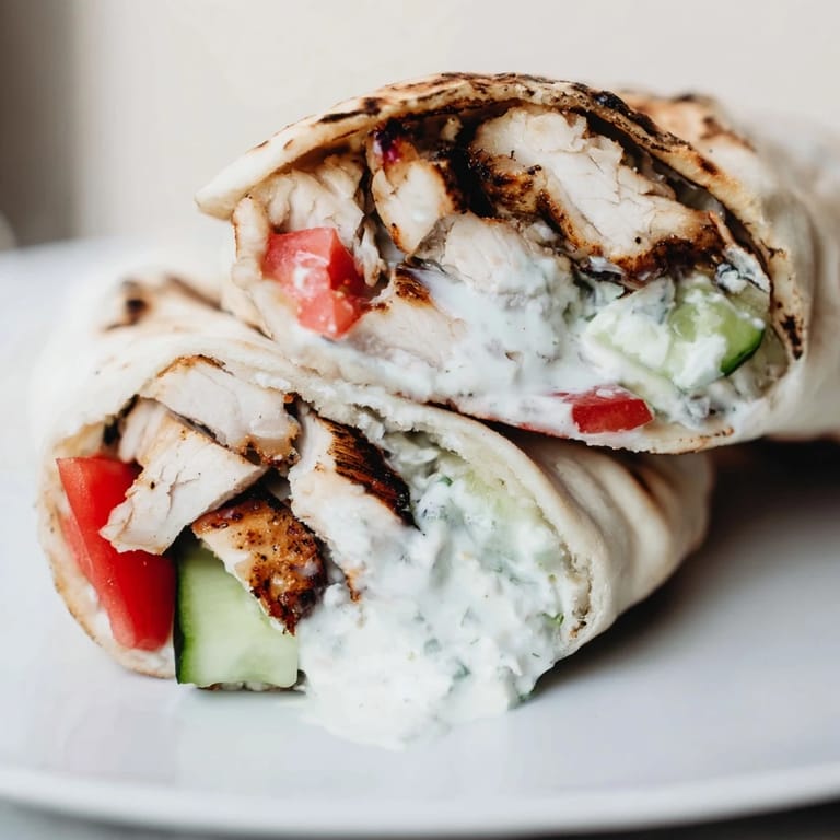 Golden grilled chicken slices nestled in a pita with vibrant veggies and tangy tzatziki for this delicious Greek Chicken Wrap.