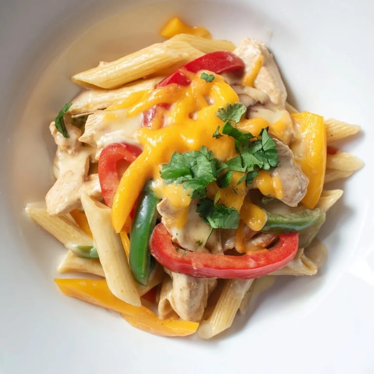 In a deep skillet, creamy Chicken Fajita Pasta Skillet with bell peppers, onions, and melted cheddar garnished with cilantro.  