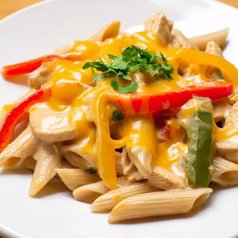 Steaming Chicken Fajita Pasta Skillet in a pan, featuring tender chicken, colorful peppers, and a side of fresh lime wedges.