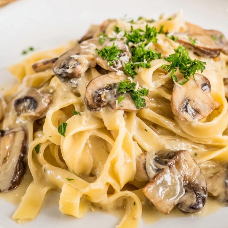 In a white ceramic bowl, Creamy Mushroom Alfredo pasta is tossed in a velvety parmesan cream sauce, steaming gently.