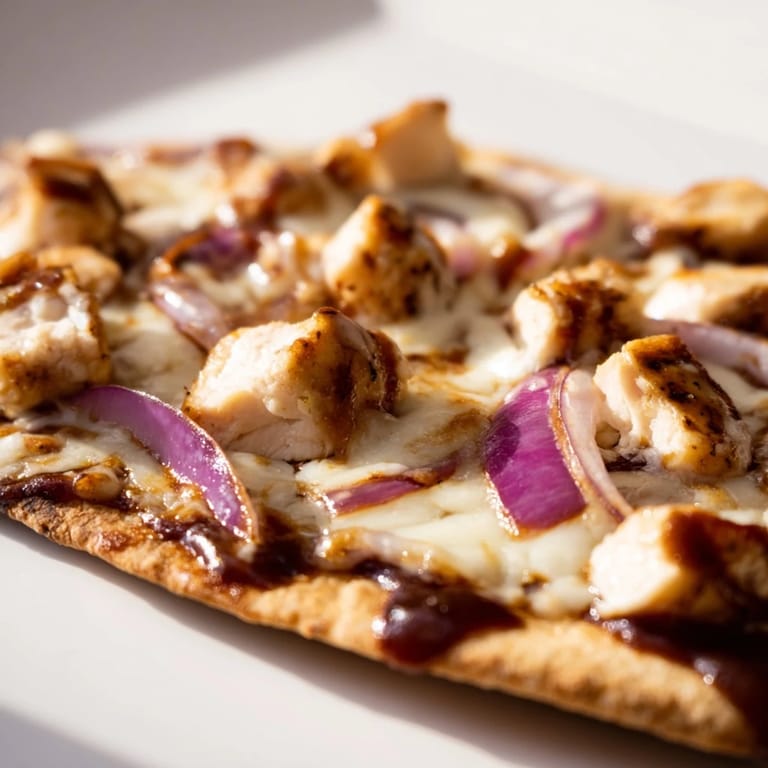 Freshly baked BBQ Chicken Flatbread topped with tangy BBQ sauce, tender chicken, and gooey mozzarella, sliced and ready for a party appetizer platter. 