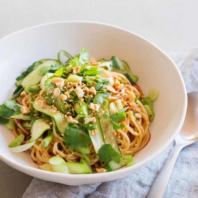 A vibrant Spicy Sesame Noodle Salad served in a bowl, topped with chopped spring onions and roasted peanuts for crunch.  