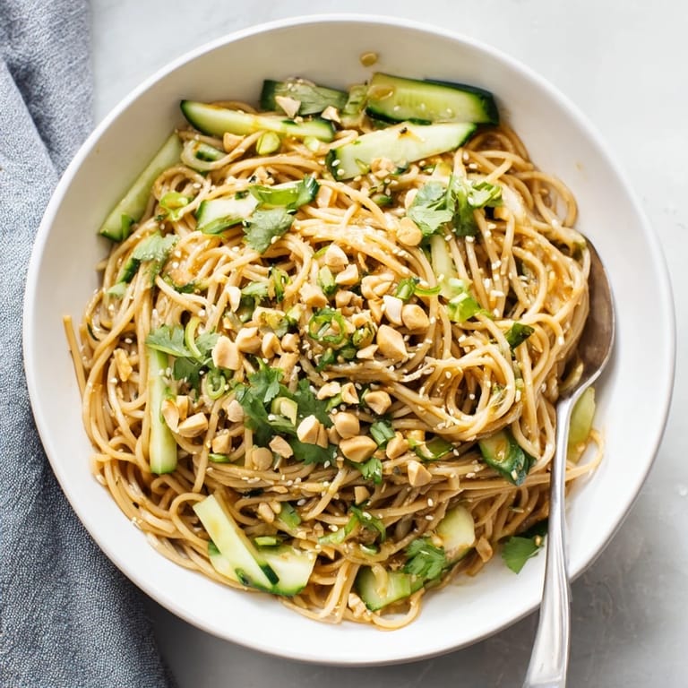 Tossed and chilled Spicy Sesame Noodle Salad with glossy dressing, fresh herbs, and chili oil, perfect for a quick lunch.