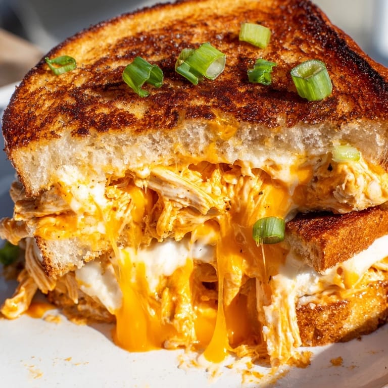 Buffalo Chicken Ranch Grilled Cheese, a melty, golden sandwich served warm with fresh green onion garnish.