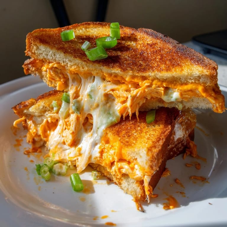 A close-up of Buffalo Chicken Ranch Grilled Cheese, where creamy ranch and spicy chicken meet gooey cheese.