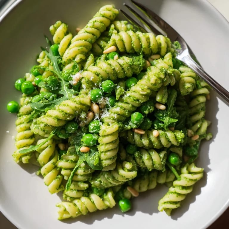 Overhead view of a refreshing Spring Green Pesto Pasta Salad in a large bowl, mixed with blanched peas and peppery arugula. Perfect for easy weeknight dinners or spring potlucks.