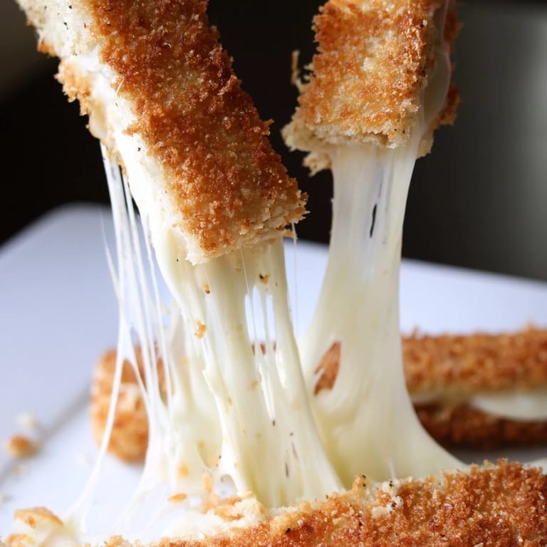 Two servings of decadent mozzarella stick grilled cheese on buttery bread, paired with warm marinara for dipping.