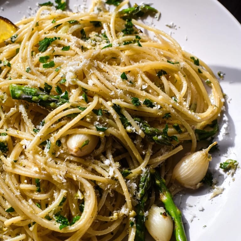 This roasted garlic and asparagus pasta is served warm, with a light lemon-Parmesan finish, perfect for an easy weeknight meal or spring gathering.