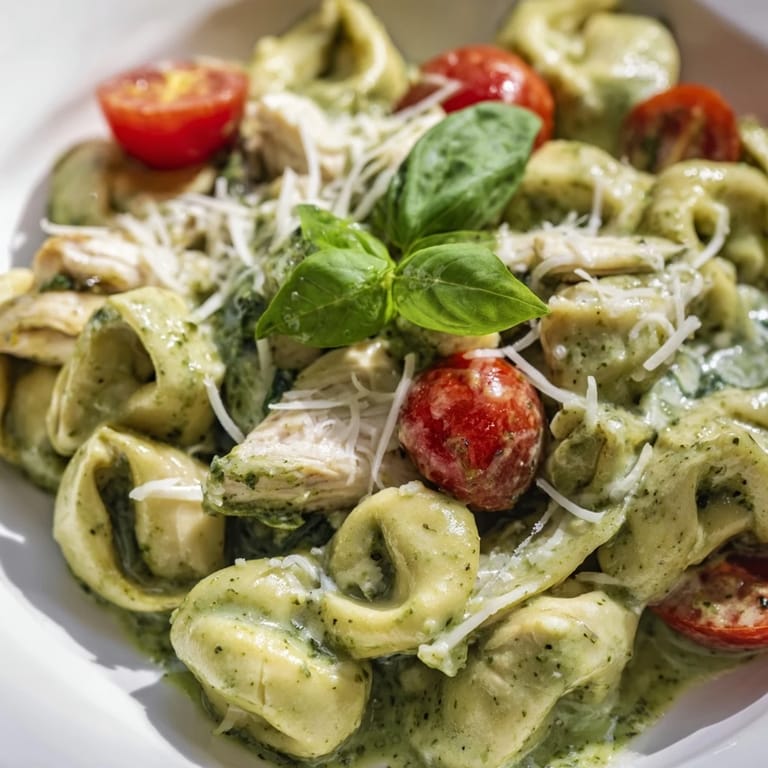 Enjoy Creamy Pesto Tortellini Skillet served hot, garnished with fresh basil leaves and wilted spinach for a quick and comforting weeknight meal.