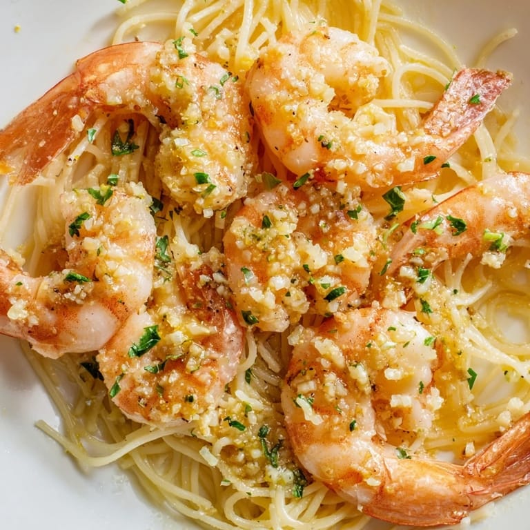 Steaming Lemon Butter Shrimp Pasta Lite plated with lemon wedges, capturing the zesty garlic aroma.  