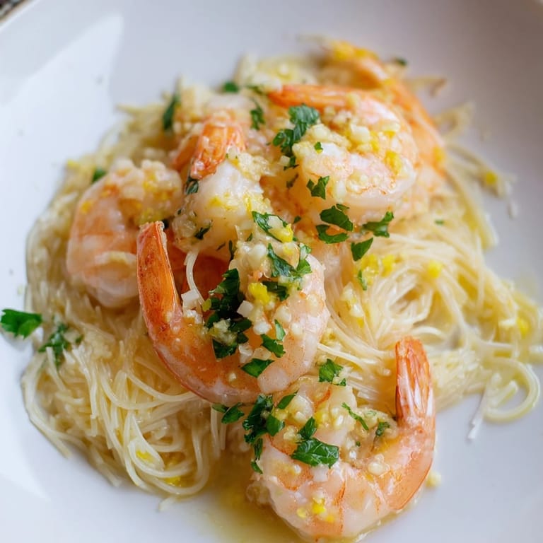 Detailed view of Lemon Butter Shrimp Pasta Lite featuring juicy shrimp coated in a light, buttery lemon sauce.