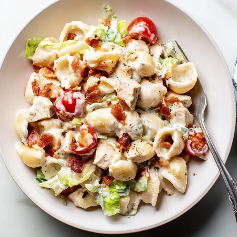 A vibrant bowl of BLT Chicken Pasta Salad, featuring tender pasta shells, diced grilled chicken, and colorful cherry tomatoes perfect for potlucks.