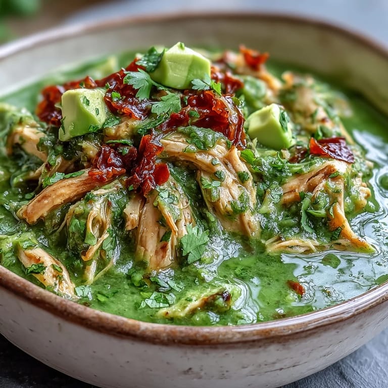 Hearty Chicken Chili Verde featuring tender chicken thighs in a tangy, aromatic green broth, topped with sliced radishes and fresh lime wedges.