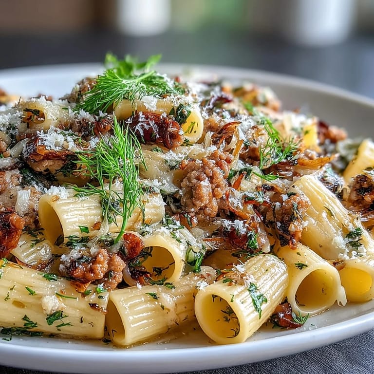 Forkful of savory Italian sausage and sweet, caramelized fennel in a Winter Pasta with Sausage and Fennel.